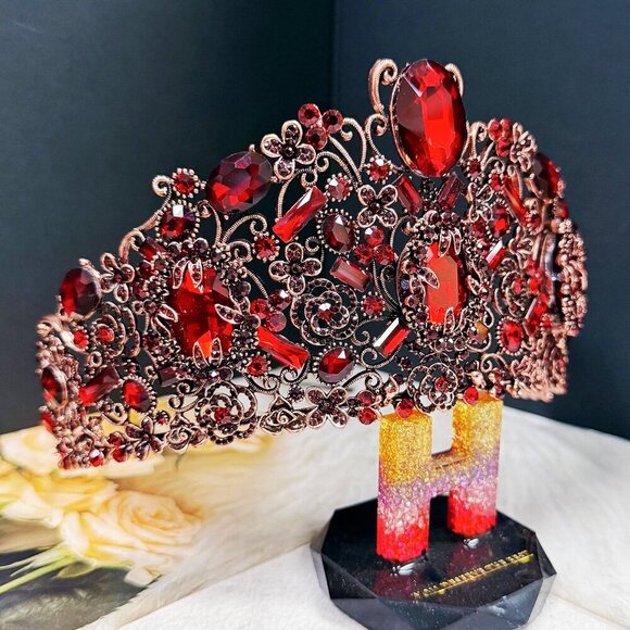 Vintage Handmade Crown, Burgundy Crystal Crown, Victorian Tiara, Copper Crown main image 8